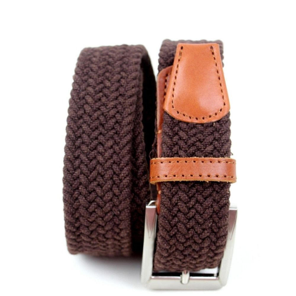 BROWN GENUINE LEATHER 1 3/8"Wd WOVEN COTTON CORD GOLF DRESS BELT Sz M/32-34 (T54